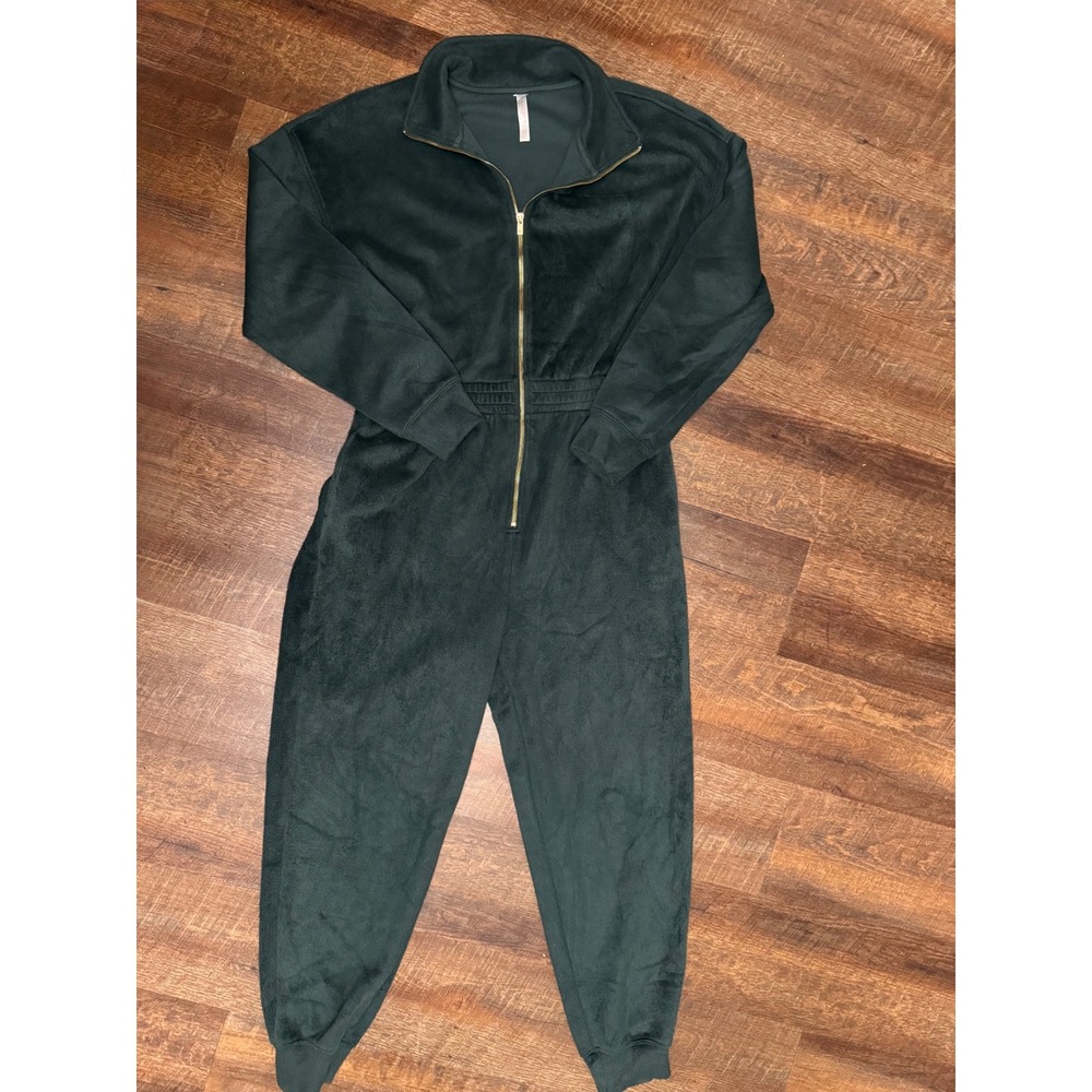 Fabletics Black Velour Zip Front Jogger Jumpsuit Gold Accents Size XL